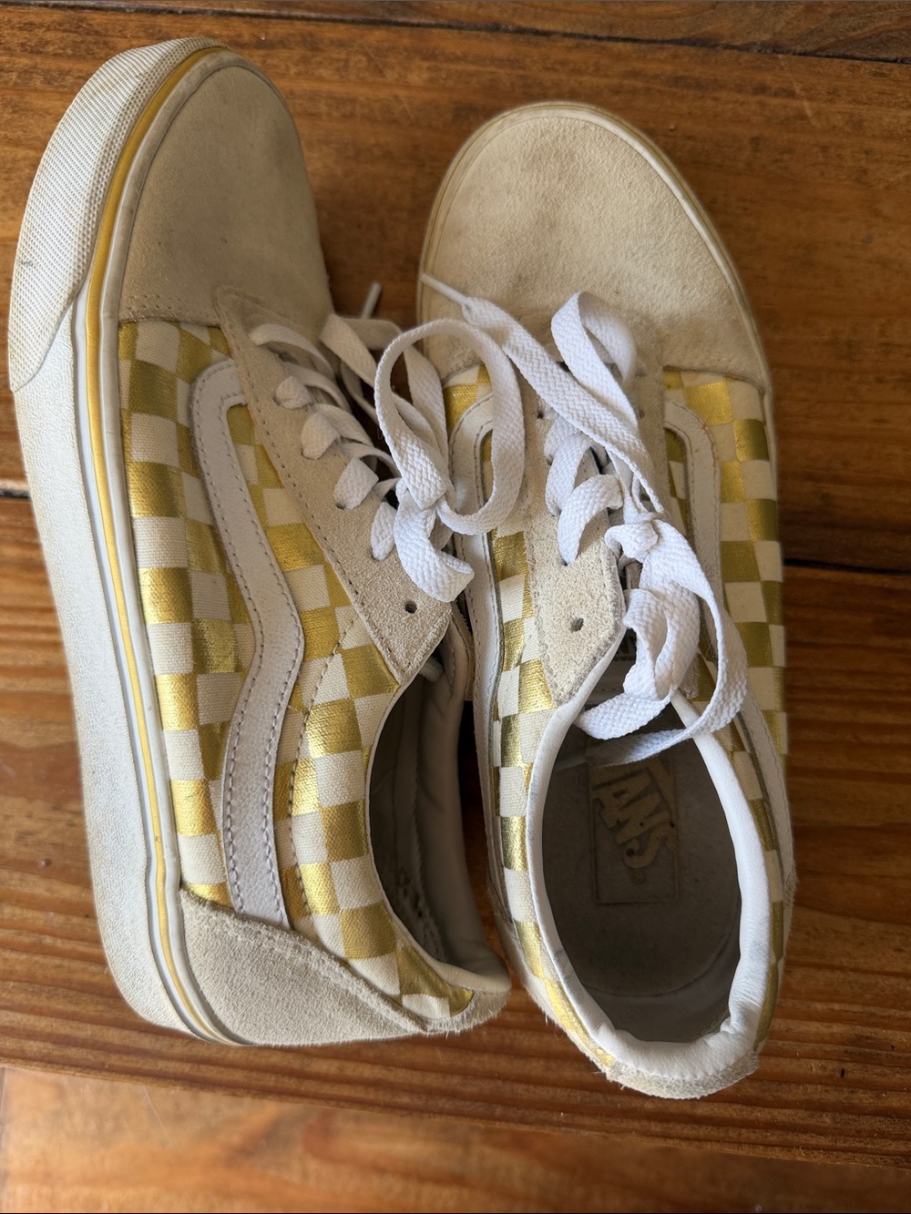 Vans women’s  White and Gold Checkerboard Old Skool Sneakers